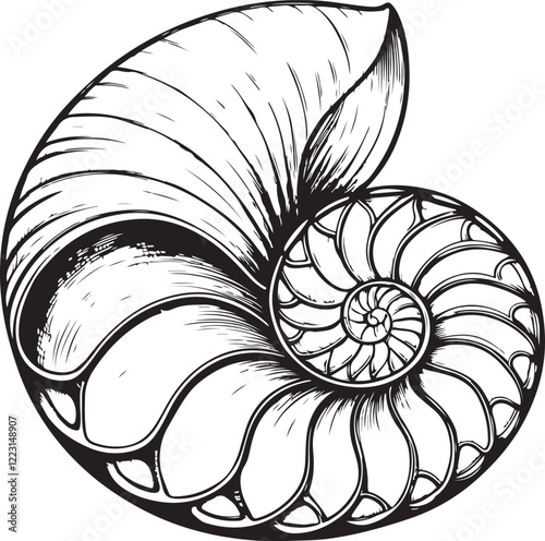 Seashell Nautilus Pompilius Sea Ocean Beach Sketch Drawing Linear Line Art Hand Drawn Black and White Vector Illustration Isolated on White