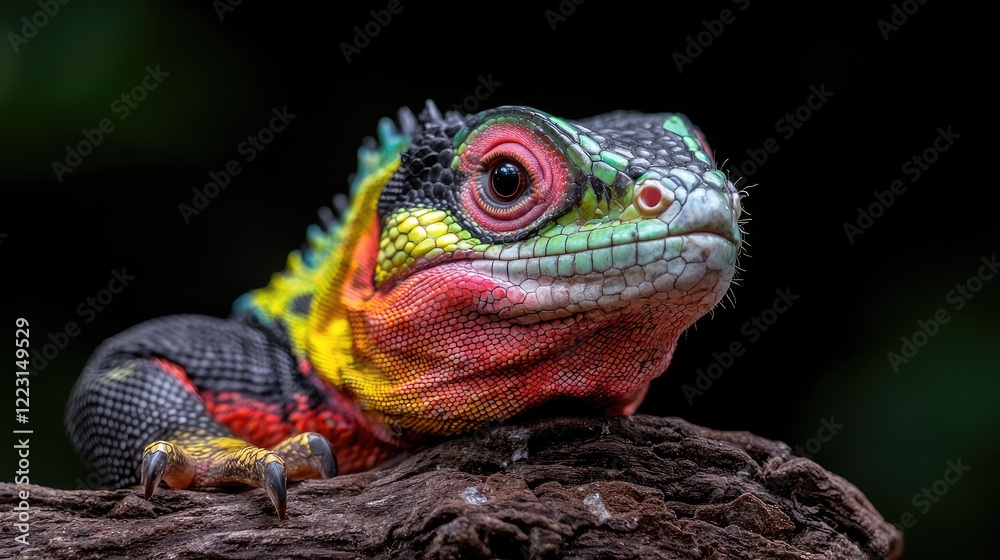 Obraz premium Vibrant colorful exotic lizard resting on a wooden branch in a dark tropical rainforest setting.