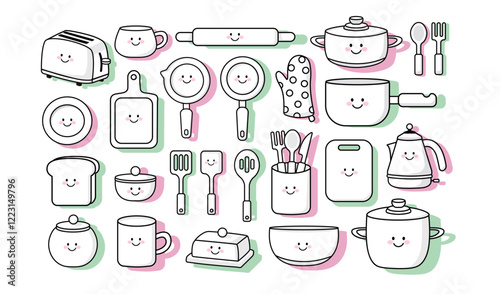 Very big set icon of kitchen tools, equipment with kawaii cute smiling face. Vector outline, coloring page of cup, plate, pot, pan, kettle, butter dish, sugar bowl, toaster, bread, board, fork, knife