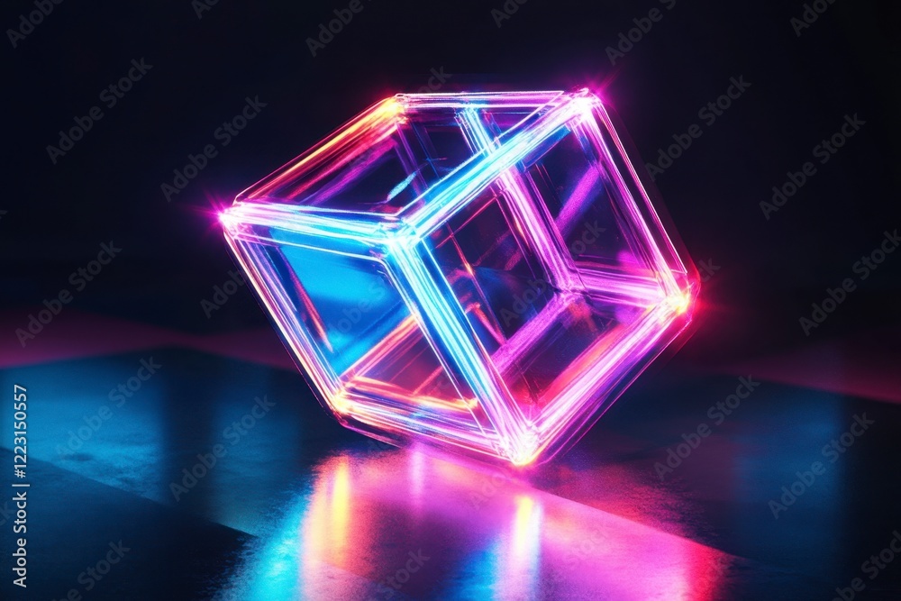 Colorful Neon Cube in Dark Space with Reflections and Glow Effects Colorful Neon Cube in Dark Space with Reflections and Glow Effects
