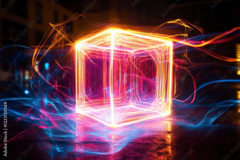 Glowing Light Cube with Colorful Trails in Dark Environment Glowing Light Cube with Colorful Trails in Dark Environment