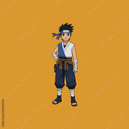 A spirited young anime boy stands confidently, clad in a traditional martial arts outfit.  His blue headband and determined expression create a dynamic and energetic scene.