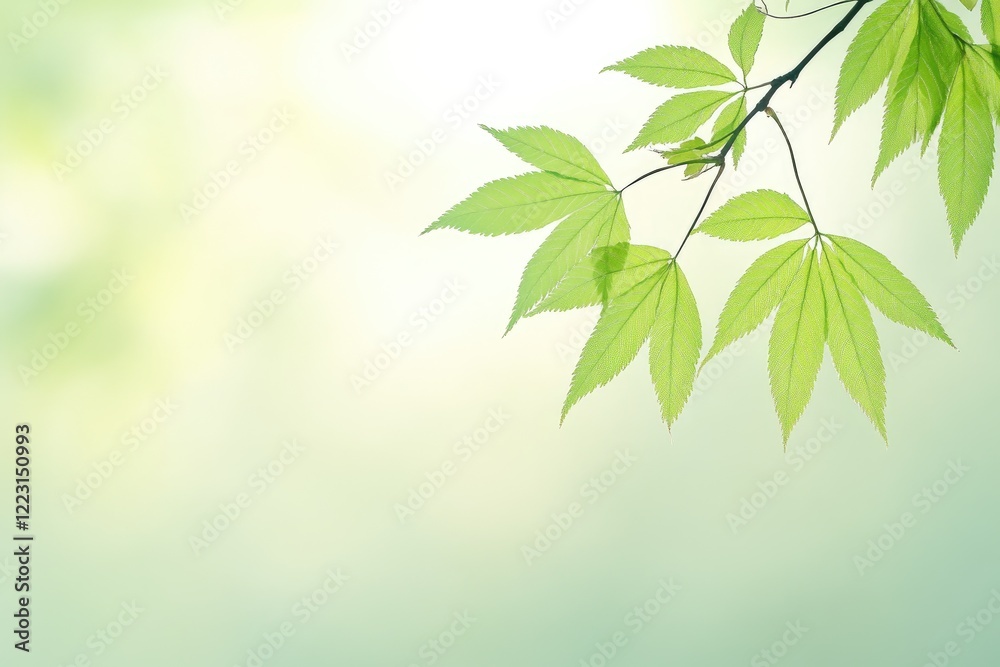 Fresh green maple leaves gently swaying in a soft breeze against a blurred, serene background Fresh green maple leaves gently swaying in a soft breeze against a blurred, serene background