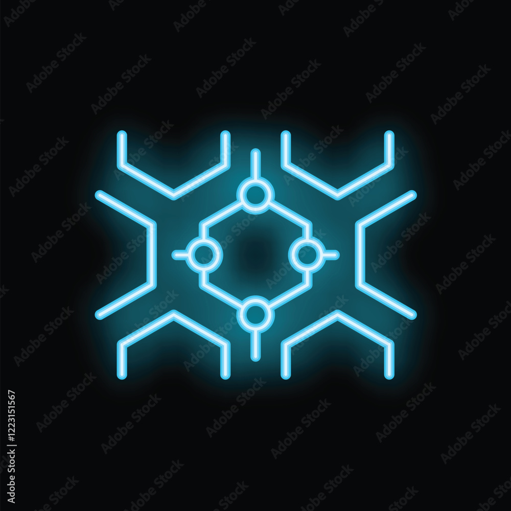 Blue neon icon depicting machine learning process on black background Blue neon icon depicting machine learning process on black background