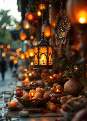 Warm glow of Ramadan lanterns illuminates a festive evening scene with tradition photo