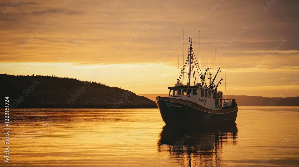 Serene Fishing Boat Docked at Sunset on Calm Waters with Glowing Reflections and Dramatic Sky Over Peaceful Landscape Serene Fishing Boat Docked at Sunset on Calm Waters with Glowing Reflections and Dramatic Sky Over Peaceful Landscape