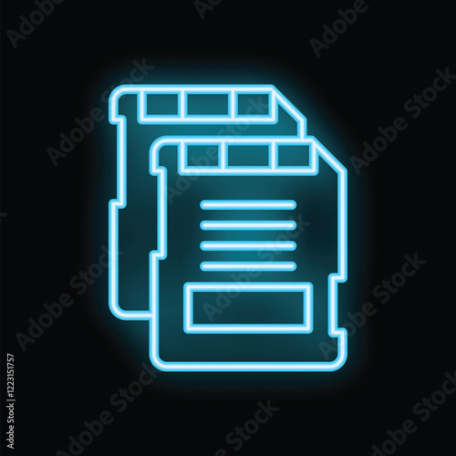 Blue neon icon of a pair of secure digital memory cards glowing on a black background