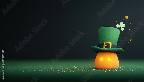 A whimsical orange figure wearing a green top hat adorned with a shamrock, set against a dark background with sparkling elements
