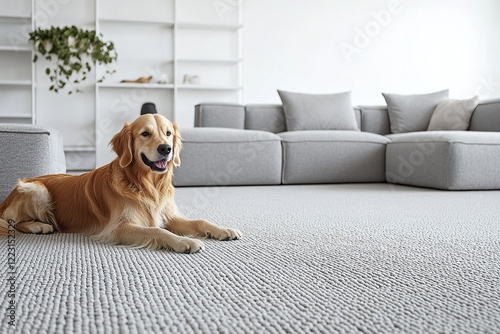 A dog is lying on the carpet in front of gray sofas, with white walls and light gray floors