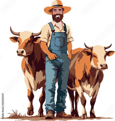 Smiling farmer standing with two cows in a field