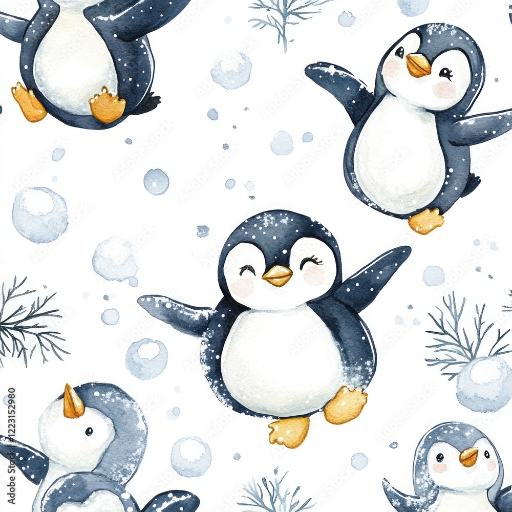 Fototapeta premium Playful penguins winter snow pattern, fabric design