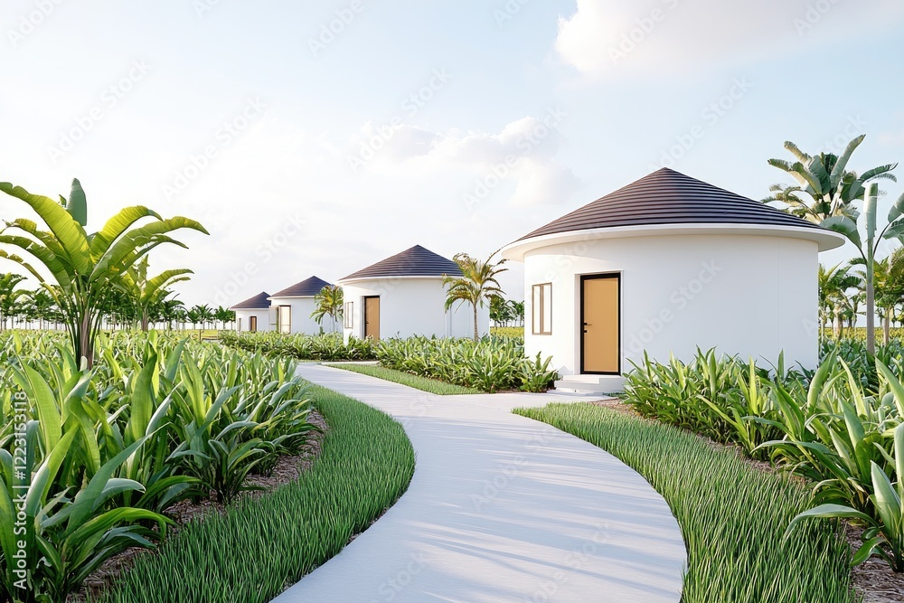 Tranquil tropical resort featuring circular bungalows along a winding pathway amidst lush greenery Tranquil tropical resort featuring circular bungalows along a winding pathway amidst lush greenery