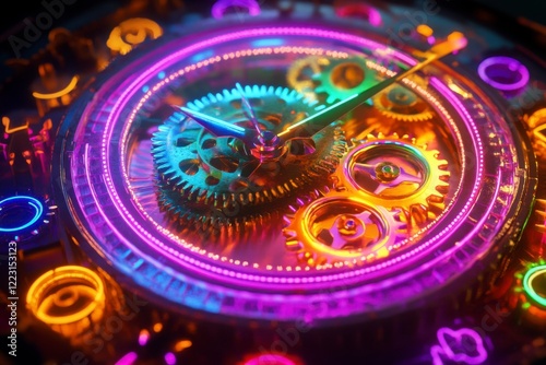 Wallpaper Mural Colorful Close-Up of Intricate Clockwork Gears in Neon Light Torontodigital.ca