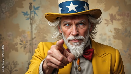 Elderly man in Uncle Sam hat pointing forward