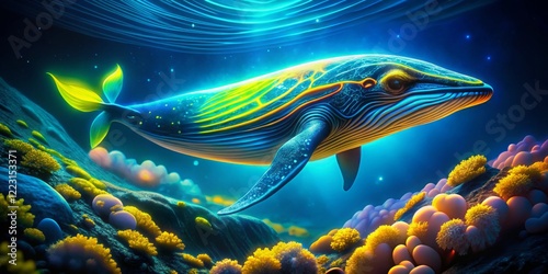 Ethereal Blue Whale Swimming Through Vibrant Coral Reef Environment photo