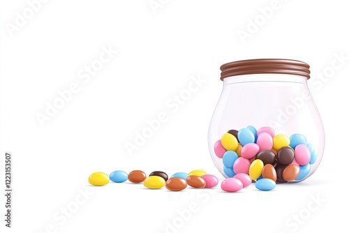 Colorful candy-coated chocolates spilling from a glass jar on a white background