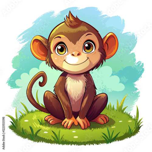 Vector illustration of a baby monkey on the grass on white background - Generative AI
