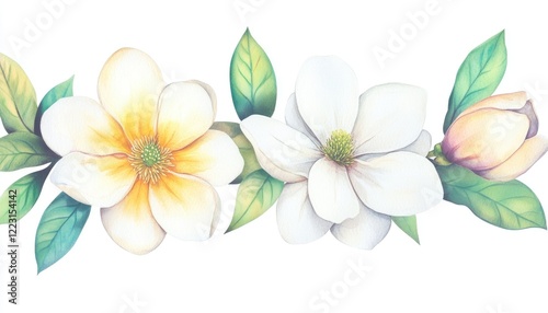 A vibrant illustration of magnolia flowers in various stages, showcasing nature's beauty