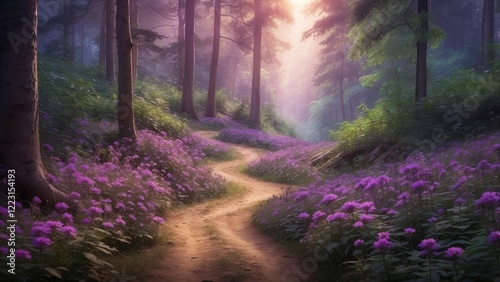 A winding dirt path meanders through a lush forest, photo