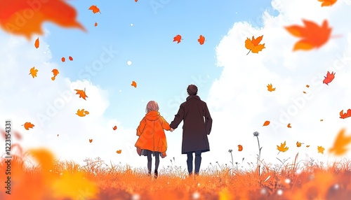 A couple walking hand-in-hand through a vibrant autumn landscape filled with falling leaves