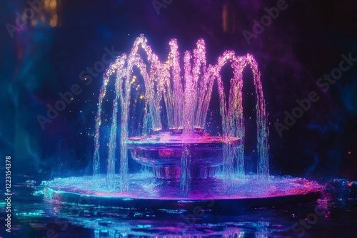 Colorful Fountain Illuminated by Vibrant Neon Lights at Night