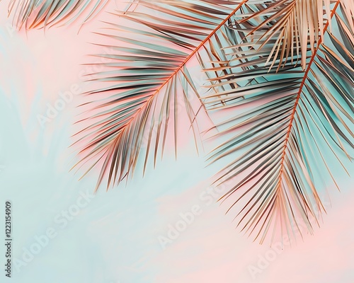 Overhead shot of palm leaves on a pastel pink and blue background, creating a minimal summer vibe, top view.