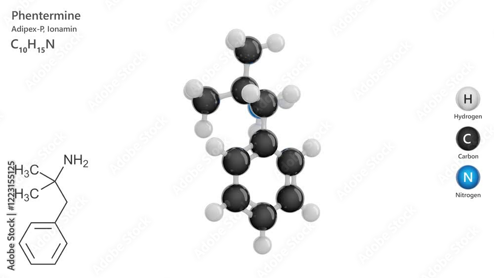 Phentermine. Stimulants substance. Animated 3D model of a molecule. Molecular formula: C10H15N. Chemical model: Ball and sticks. White background. 3D rendering. Seamless loop. Phentermine. Stimulants substance. Animated 3D model of a molecule. Molecular formula: C10H15N. Chemical model: Ball and sticks. White background. 3D rendering. Seamless loop.