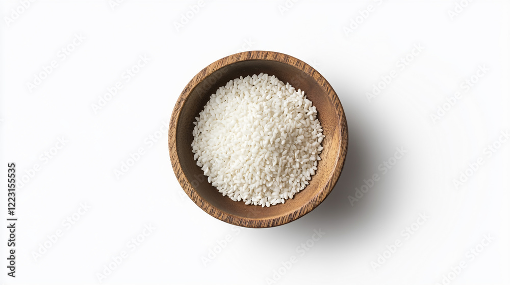 White rice in a wooden bowl on a plain background for culinary use White rice in a wooden bowl on a plain background for culinary use