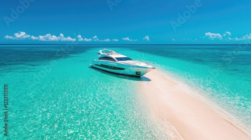 Luxury yacht anchored on pristine sandbar, turquoise ocean, sunny day; travel brochure