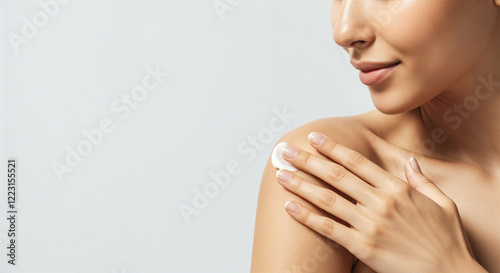 Close-up of a woman applying body cream on her shoulder, emphasizing skincare and body care routines