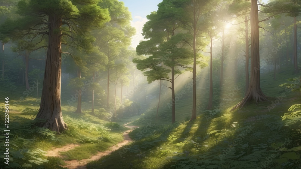 Fototapeta premium A dense, vibrant green forest with a large recycle symbol