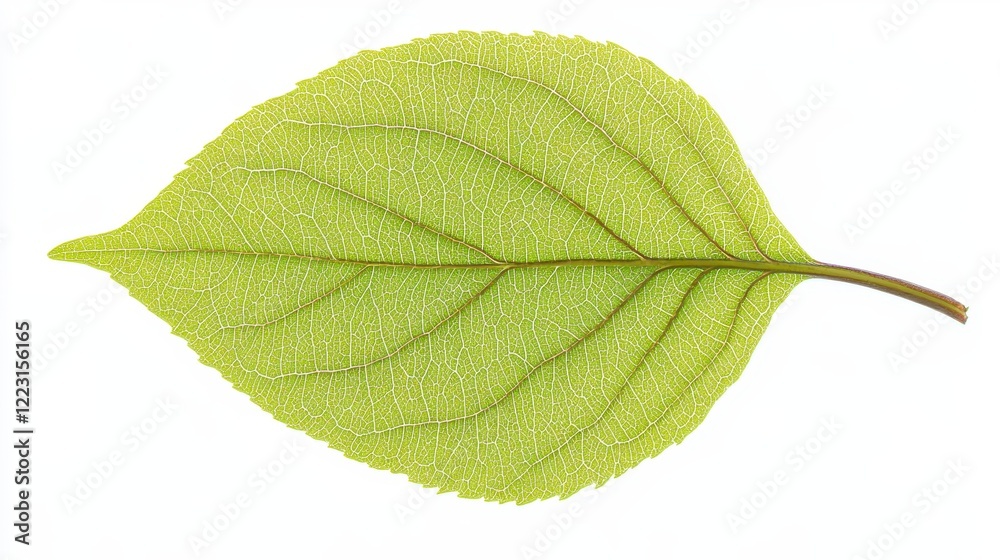 Fototapeta premium Single Green Leaf Detailed Vein Structure Isolated on White Background Nature Botany Spring