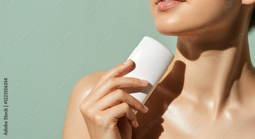 Beauty model applying white cream or deodorant on her armpit after shower, on pastel green background Beauty model applying white cream or deodorant on her armpit after shower, on pastel green background