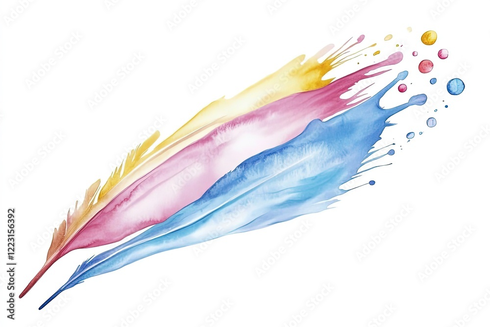 Obraz premium Colorful watercolor feathers with splashes of paint, creating an artistic and vibrant design