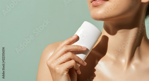 Beauty model applying white cream or deodorant on her armpit after shower, on pastel green background