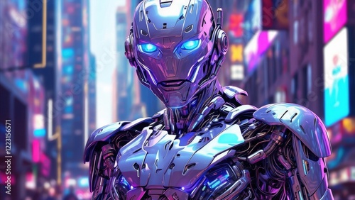 A futuristic robotic figure with a digital photo