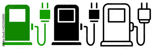 Electric car with plug icon, EV car, Green hybrid vehicles charging point, simple flat style, pictogram logo sign symbol vector illustration, isolated on white for mobile app