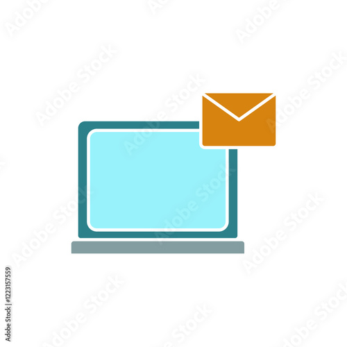 laptop with mail icon, message on the desktop, simple flat style, pictogram logo symbol vector illustration, isolated on white for mobile app