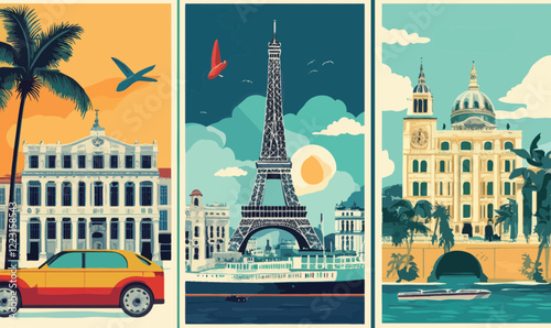 Vintage Travel Destination Posters: London, Havana, Paris - Retro European Summer and Holidays