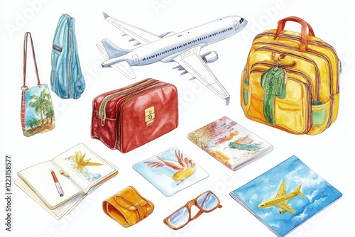 Colorful travel accessories including bags, notebooks, and sunglasses surrounding an airplane