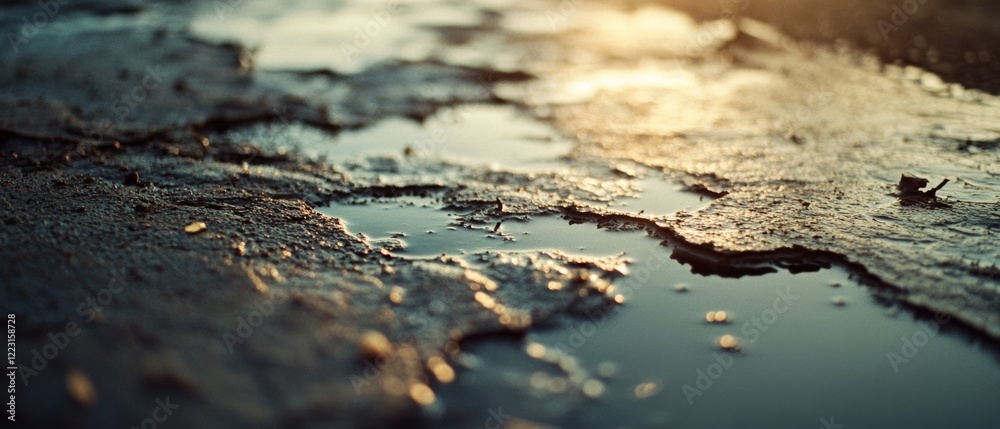 Sunlight reflects on mud and puddles, spotlighting nature's textures and warmth in a fleeting moment. Sunlight reflects on mud and puddles, spotlighting nature's textures and warmth in a fleeting moment.