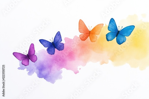 Colorful watercolor butterflies in flight over a vibrant, abstract background of blended hues