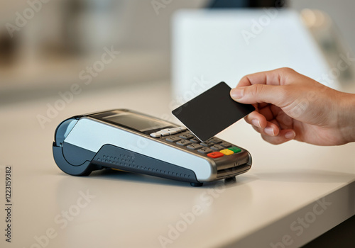 Hand using a card for contactless payment on a terminal photo