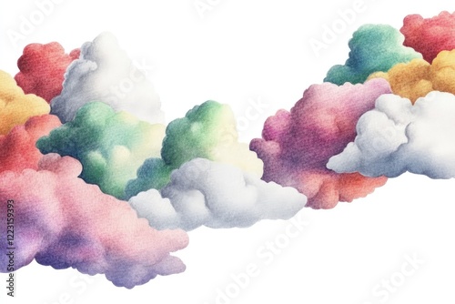 Colorful fluffy clouds in a whimsical arrangement against a white background, evoking a dreamy atmosphere