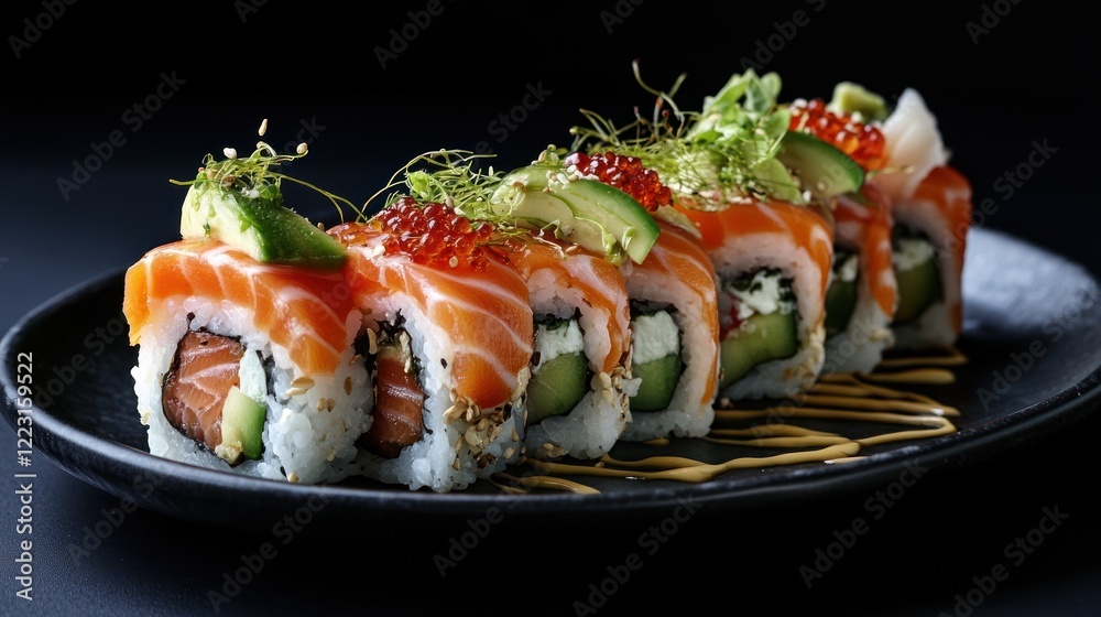 A beautifully arranged plate of sushi featuring salmon, avocado, and garnishes.