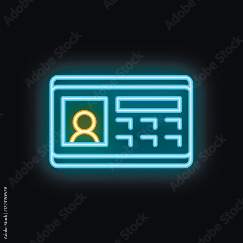 Blue neon icon of an intercom system displaying a user profile with a yellow backlight on a black background