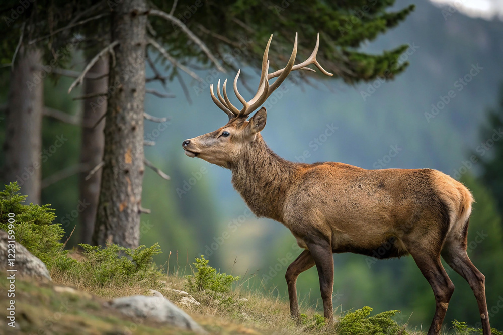 Obraz premium Majestic red deer stag in mountain forest.