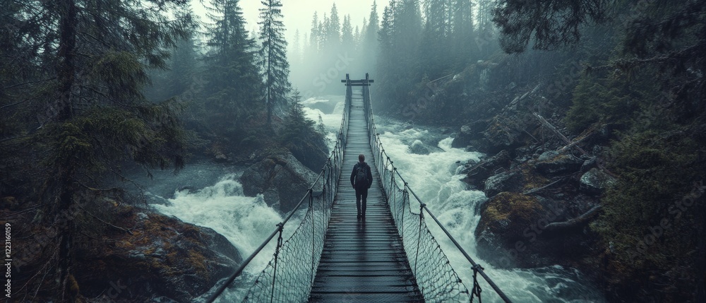 Fototapeta premium A solitary figure walks across a misty suspension bridge in a lush forest, evoking adventure and introspection.