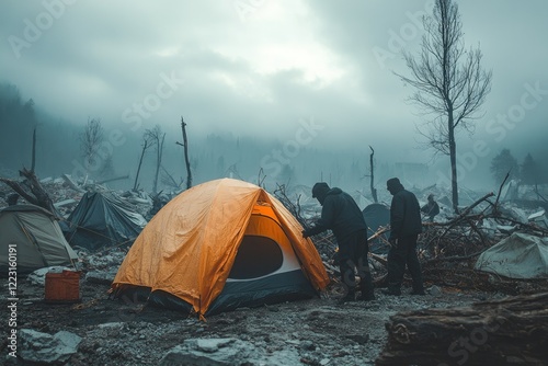 A disaster relief team setting up tents in a devastated area, with rubble, broken trees, and an overcast sky, copy space background photo