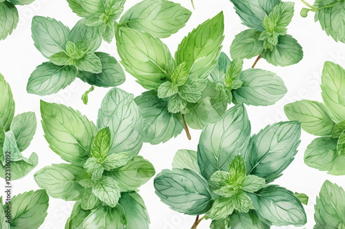 Watercolor pattern of green mint leaves on a white background